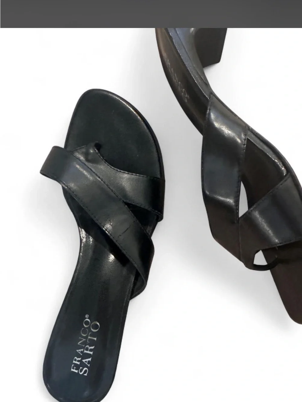 Franco Sarto Black Leather Slide kitten heels with Crossover Strap